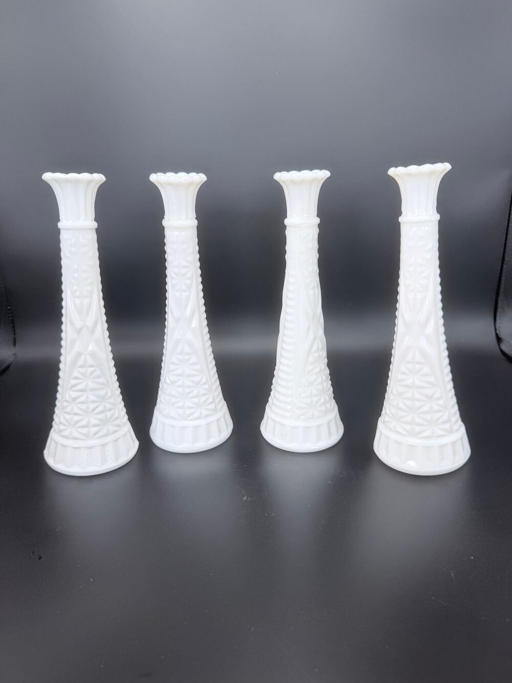 Set of 4 Vintage Anchor Hocking Stars & Bars Milk Glass Bud Vases 9"